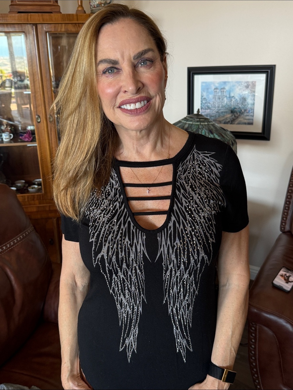 Women's Black Short Sleeve Strappy Neck Tee with Silver Wing Detail